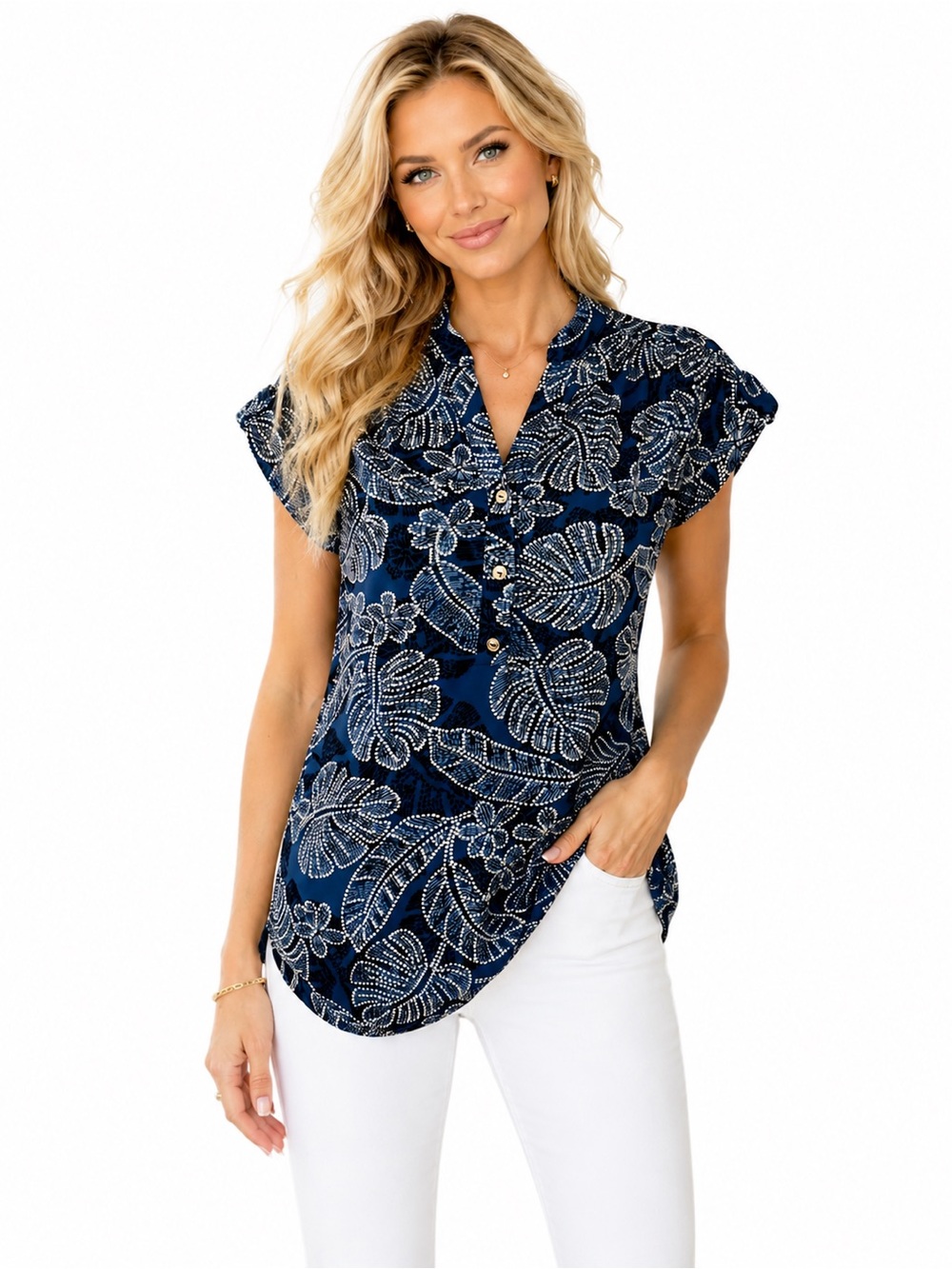 Joie de Vivre Women’s Blue Floral Print Button Front Blouse Top Size Small